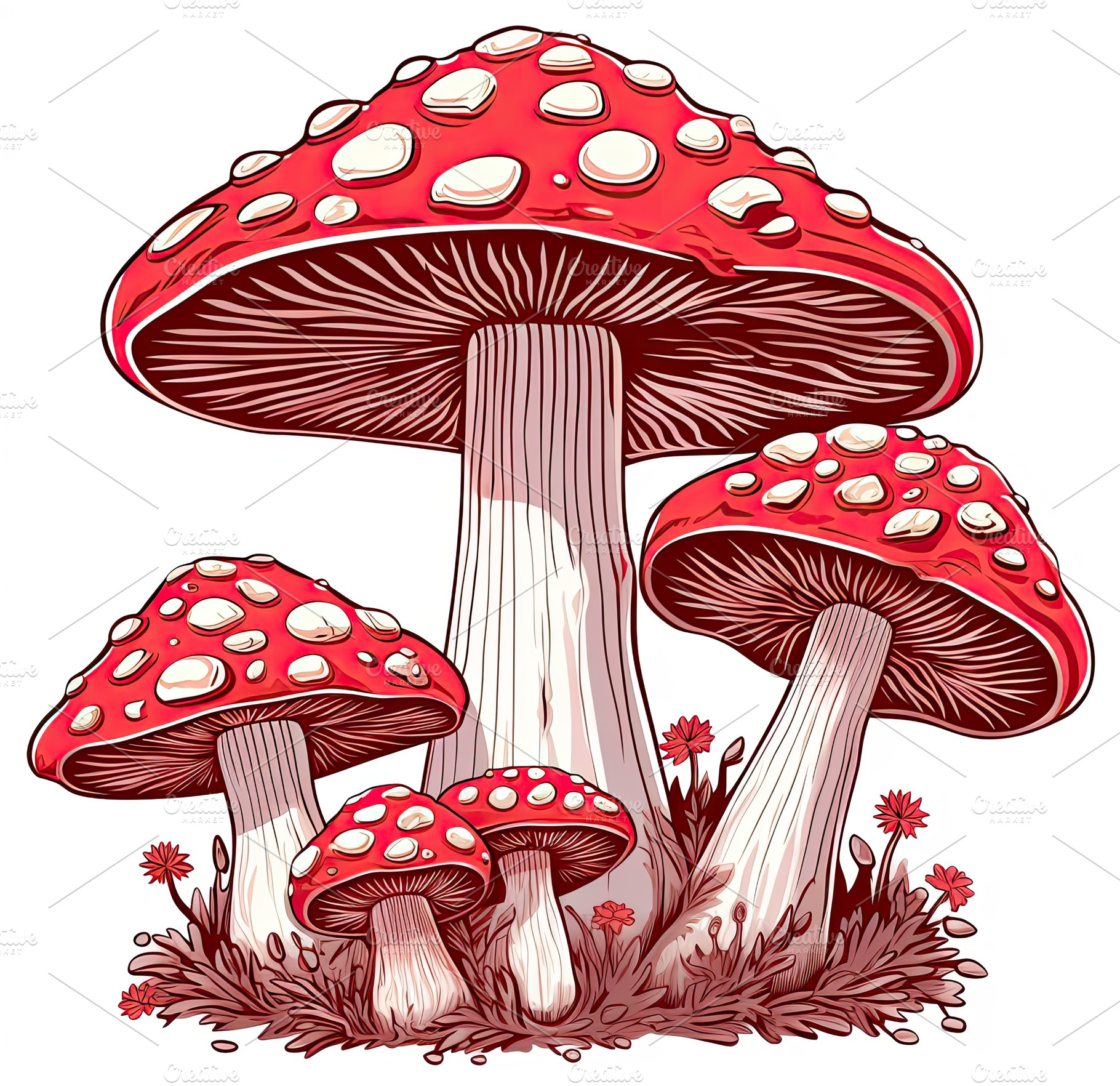 Whimsical Illustrated Scene of Vibrant Red Fly Agaric Mushrooms, a Nature Photo by José Manuel Gelpi