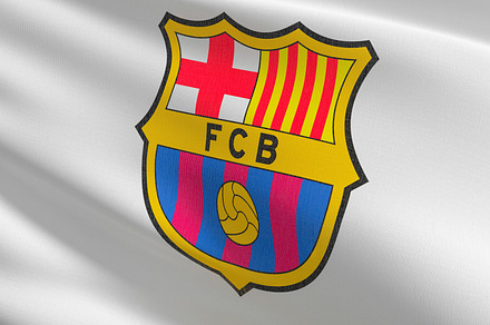 FC Barcelona flag blowing in the wind. Emblem of Football Club F, a Photo by Tampatra