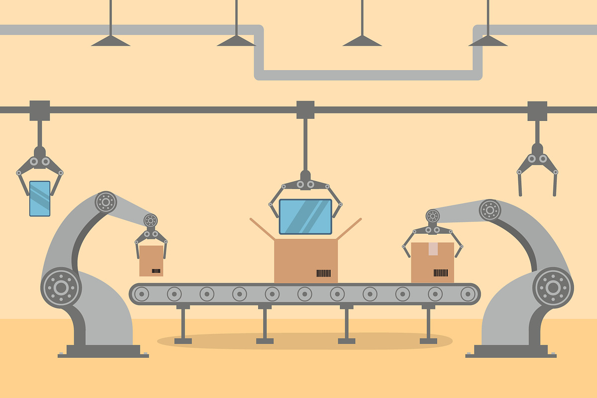 Factory conveyor packing smartphone., a Technology Illustration by Dukesn
