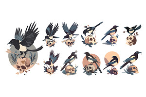 Magpie birds perched on human skulls, an Animal Illustration by Onyx