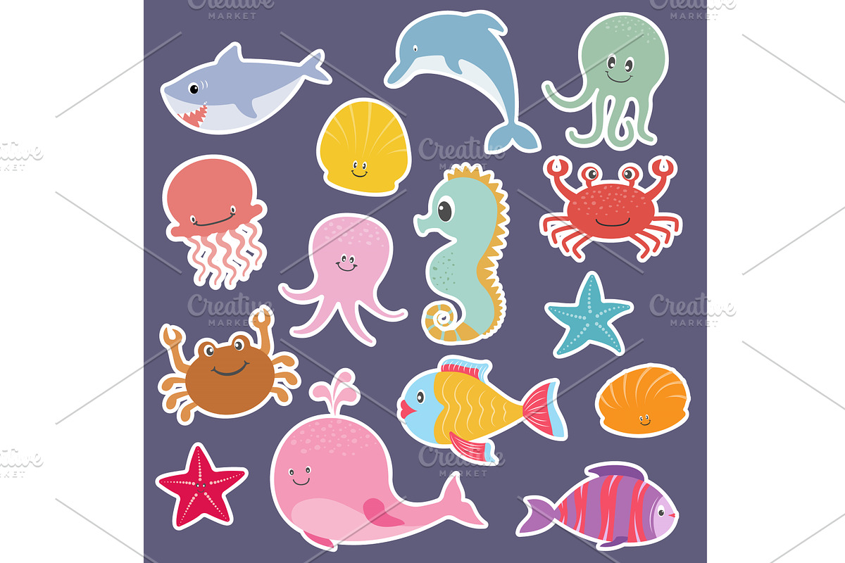 Set ocean creature wildlife and fish, an Illustration by Vector graphics