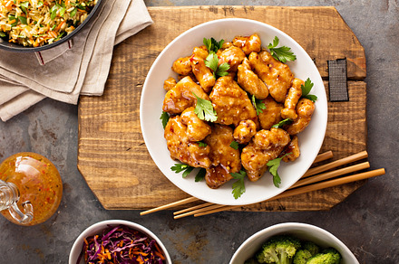 Spicy sweet and sour chicken with rice and cabbage stock photo containing, a Food & Drink Photo by farwasser
