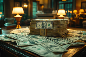 Piled stacks of cash in an elegant r, a Photo by Tanuart