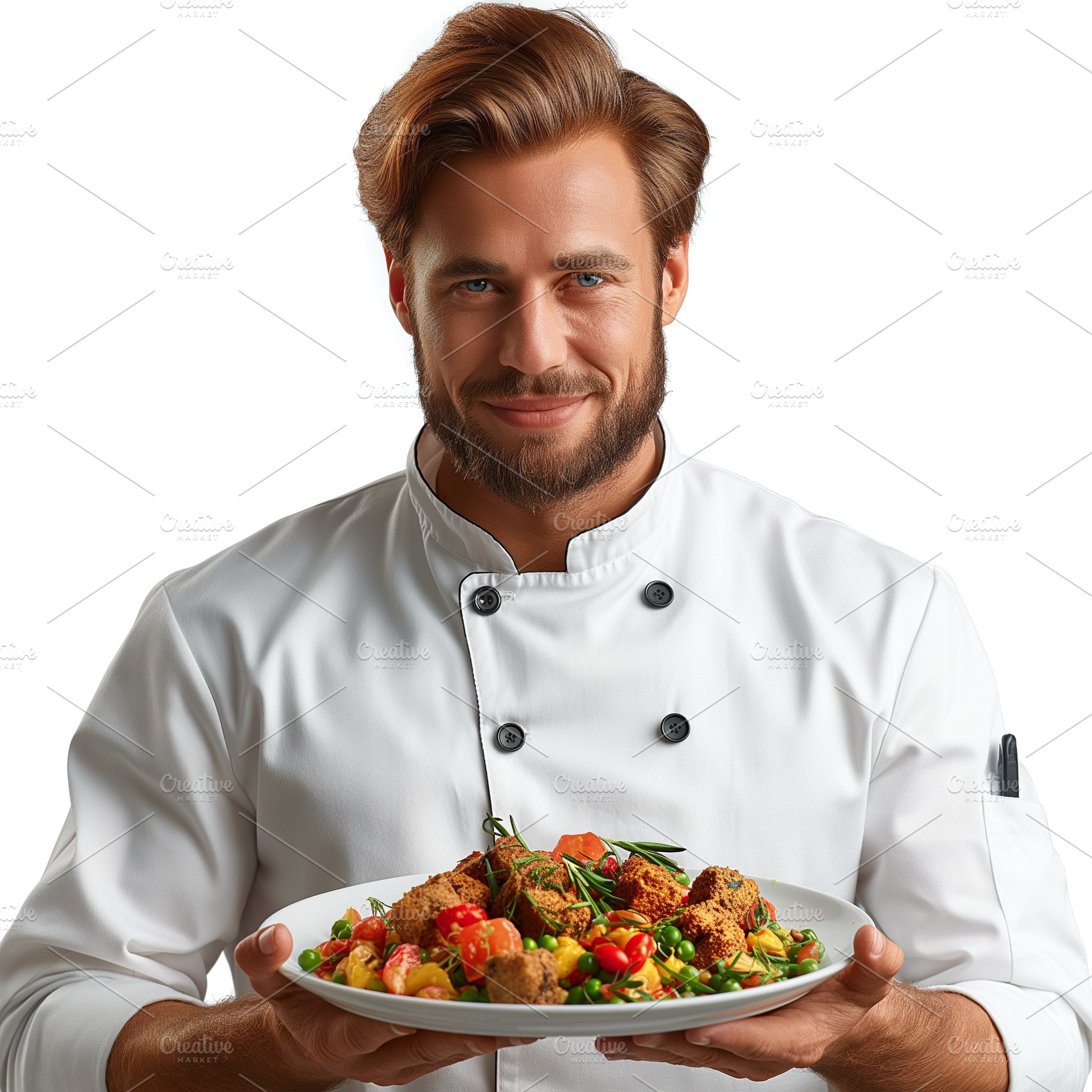 A male chef proudly presents a colorful plate of gourmet food, showcasing his c, a Person Photo by ImageMir