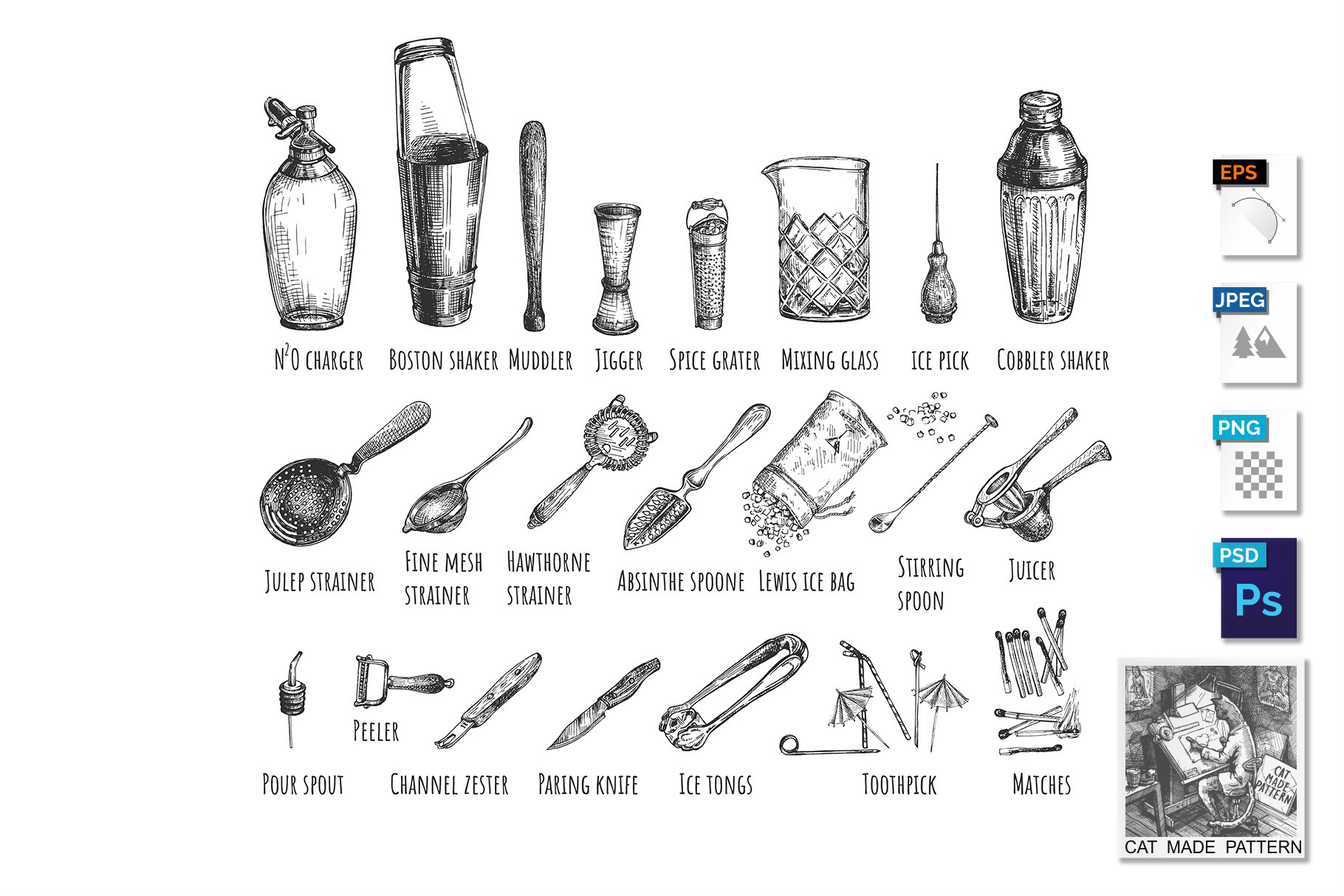 Bartender Equipment And Tools Set by Catmadepattern  Creative Market