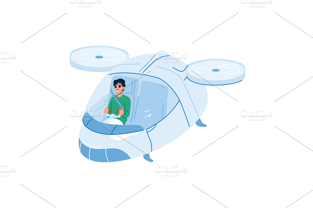 Man driving futuristic flying car, a Transportation Illustration by pikepicture