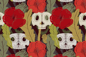 Folk art pattern poppy, sugar skull