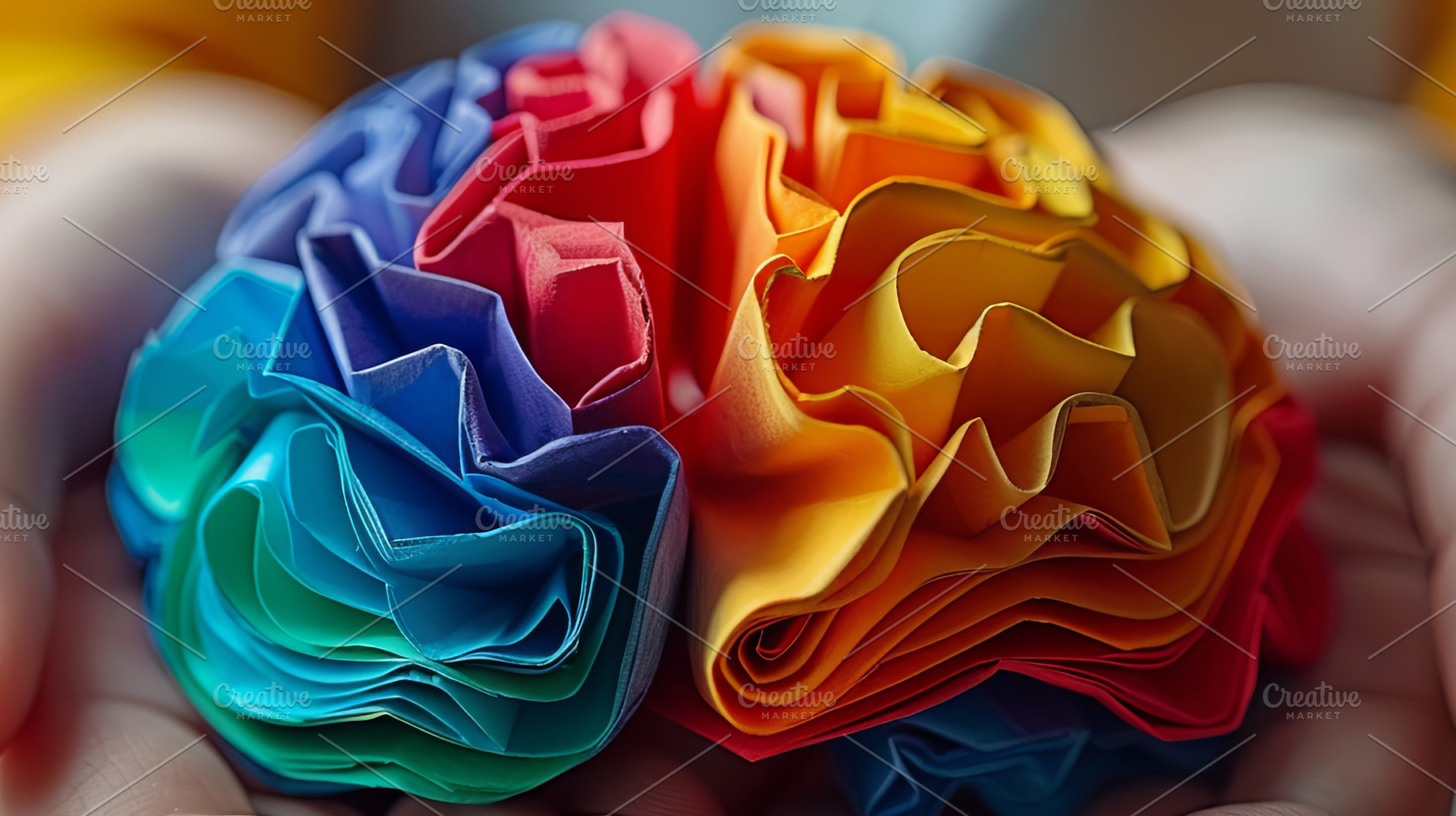 Colorful origami paper rolls in brain form at hands. Autism, mem, a Health & Medical Photo by AS photostudio