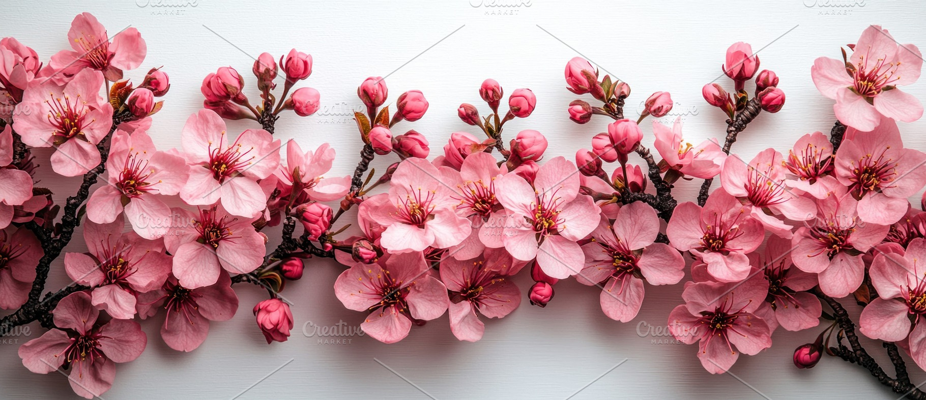 Pink cherry blossoms in full bloom on dark branches against a wh, a Nature Photo by José Manuel Gelpi