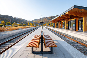 Train station platform with benches and wooden shelter in autumn landscape, a Photo by AlyaAnd