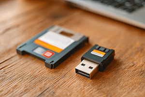 A floppy disk and a USB drive sit side by side on a wooden table, showcasing th, a Technology Photo by AlyaAnd