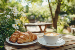 Freshly baked croissants on a white plate in a charming outdoor cafe setting, a Food & Drink Photo by AlyaAnd