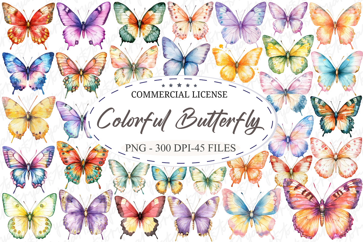 Watercolor Colorful Butterfly Clipar, an Illustration by designcity5 (Photo 1 of 5)