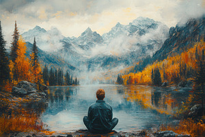 Man sitting by a calm lake surrounde, a Photo by Tanuart