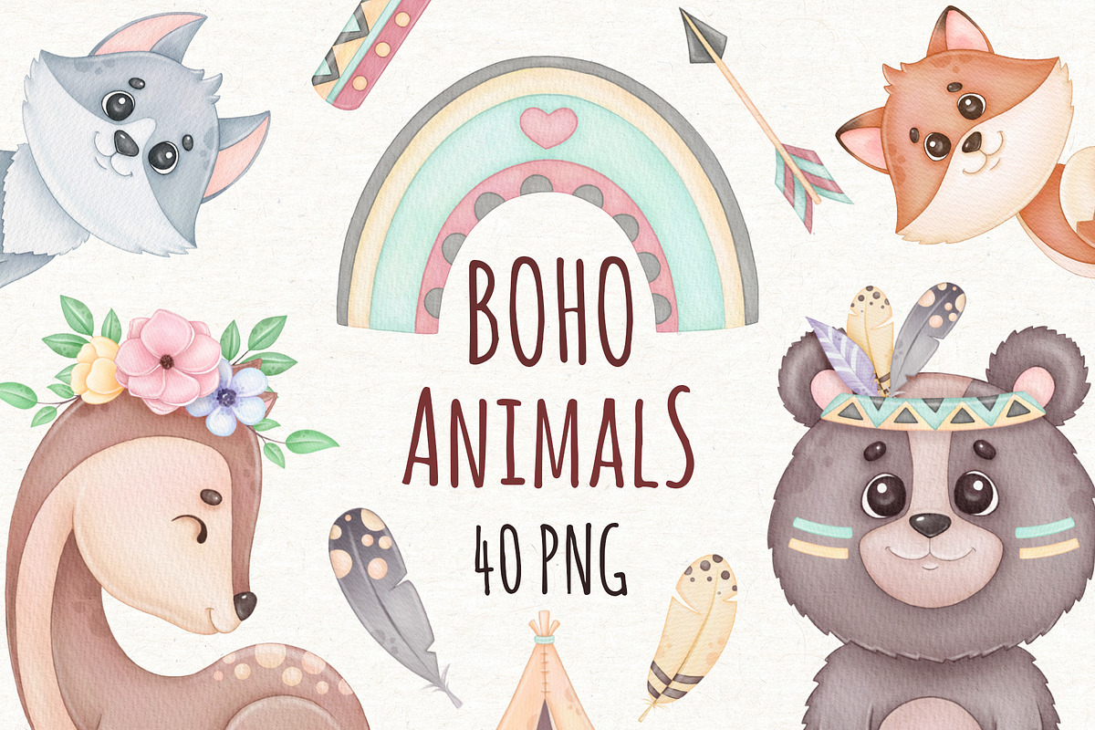 Watercolor Boho Animals Clipart, an Animal Illustration by ekossa_art (Photo 1 of 9)