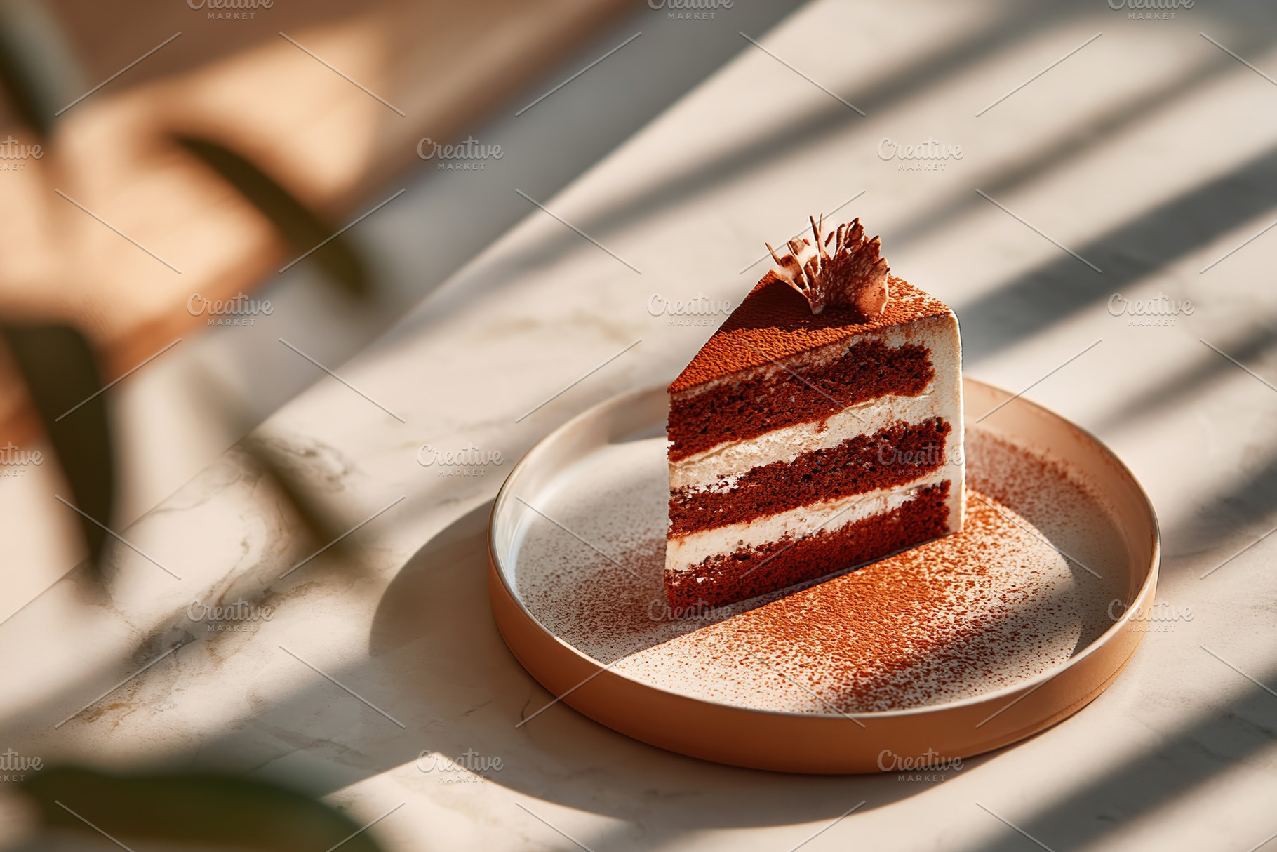 Enjoying a delicious slice of chocolate sponge cake with creamy filling in a co, a Photo by AlyaAnd
