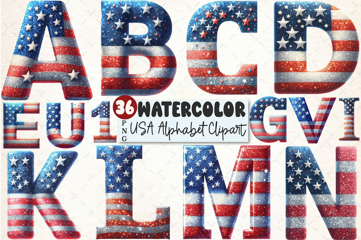 Glitter USA Flag Alphabet Clipart PN, an Illustration by Rose Art (Photo 1 of 7)