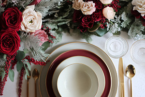 Beautifully arranged place setting on a white tablecloth with burgundy and crea, a Food & Drink Photo by Anneleven
