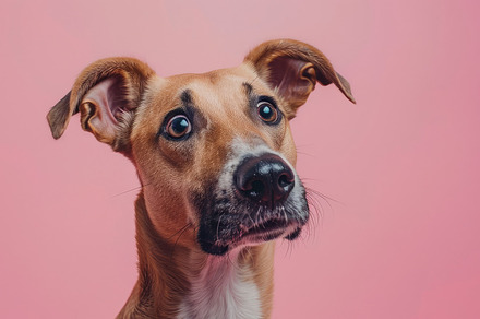 Tan Dog with Floppy Ears Posing Against Pink Backdrop - Generati, an Animal Photo by José Manuel Gelpi