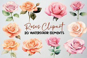 Watercolor Roses Clipart Set, 20 PNG