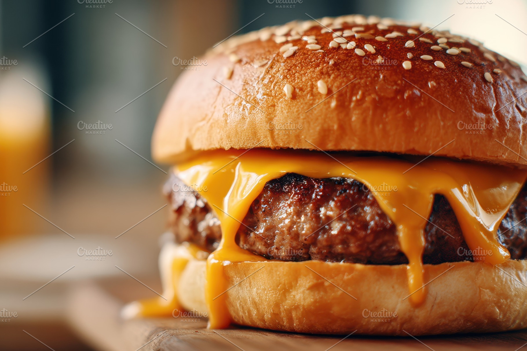 Juicy cheeseburger with melting cheddar, a Food & Drink Photo by AlyaAnd