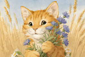 Cute ginger kitten holding a bouquet of blue cornflowers in a su, an Illustration by Studio ANNA