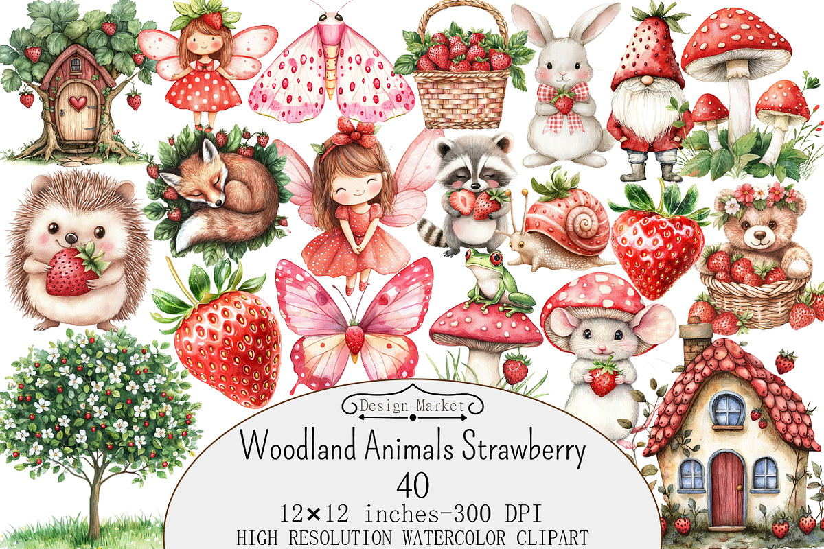 Woodland Animals Strawberry Clipart, a Seasonal Illustration by Design Market (Photo 1 of 4)