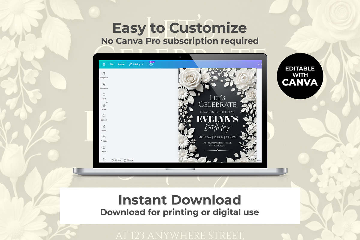 Black White Floral Birthday Invitat, an Invitation Template by M9 Design (Photo 3 of 4)
