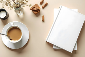 Coffee Cup, Books, and Cinnamon Stic, a Photo by Stock Shape