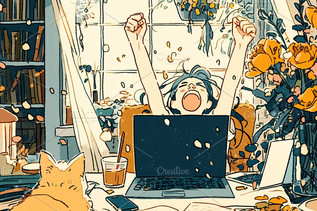Cheerful woman celebrating success with laptop in a cozy floral environment, an Illustration by AS photostudio
