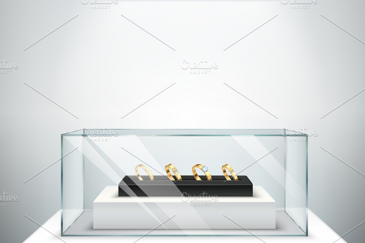 Rings realistic glass showcase, an Illustration by Macrovector ...