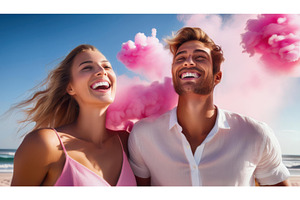 A joyful couple smiling with pink, a Person Photo by Igor Tichonow
