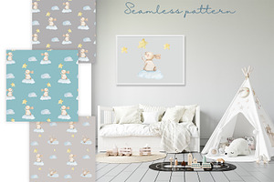 Watercolor Cute Bunny Pattern JPEG