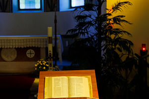Open Bible placed on the church lectern, Church of the Good Shepherd, Trieste, a Food & Drink Photo by Bepslabor