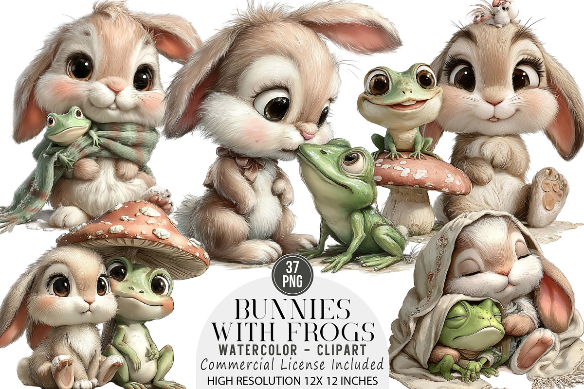 Bunnies with Frogs Clipart, an Illustration by DreamArtGraphic (Photo 1 of 5)