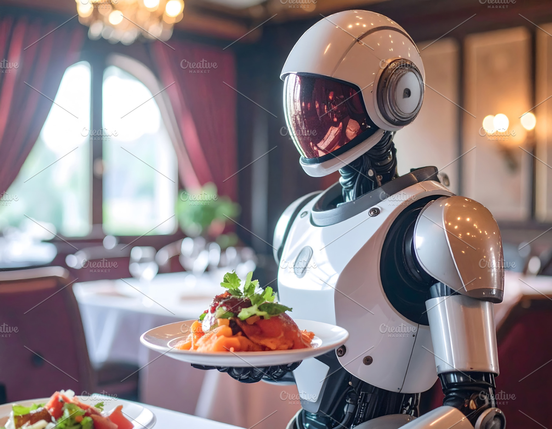 Robot waiter presenting pasta dish inside elegant restaurant set, a Technology Photo by GoodGoods