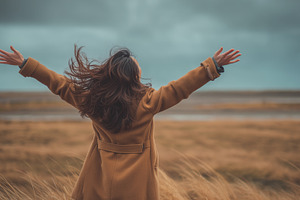 Woman in brown coat stands on open, a Person Photo by MistyDay