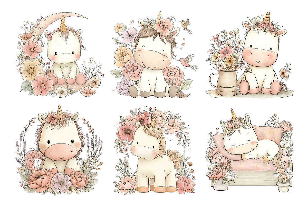 Cute Unicorn Floral Clipart, an Animal Illustration by Creative Art (Photo 6 of 7)