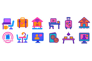 Icons depicting travel, remote work, a Technology Illustration by ZinetroN
