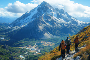 Hikers navigate rugged terrain with, a Photo by Tanuart
