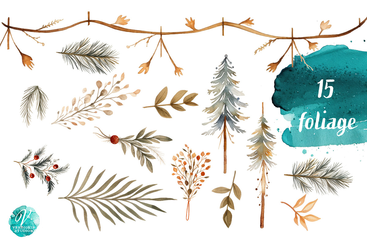 Watercolor Boho Christmas Elements, a Seasonal Illustration by Verdigris Studios (Photo 3 of 3)