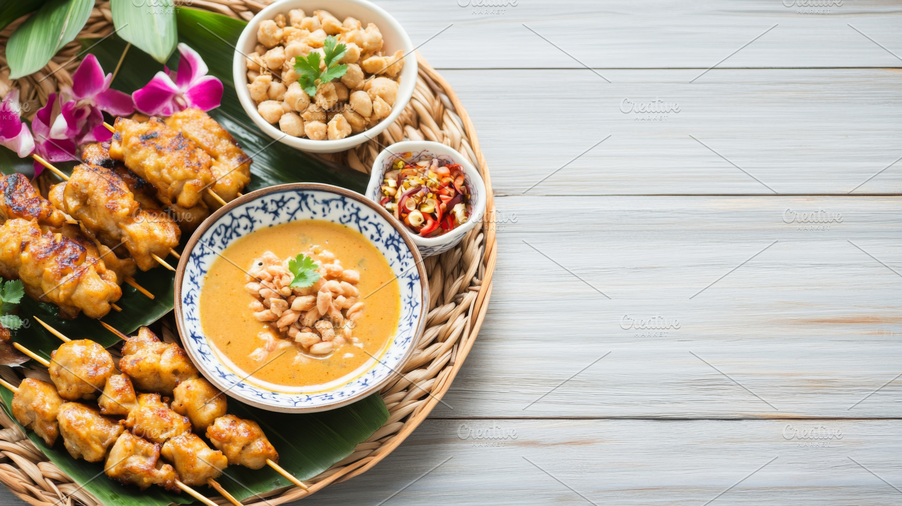 Satay skewers and shrimp with rice, sauces, and orchids arranged, a Photo by Dvoevnore photos