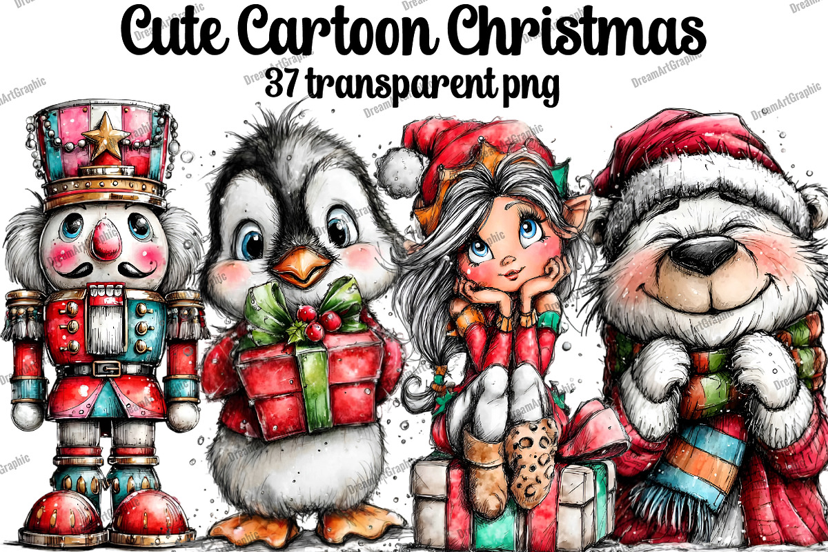Cute Cartoon Christmas Clipart, an Illustration by DreamArtGraphic (Photo 1 of 5)