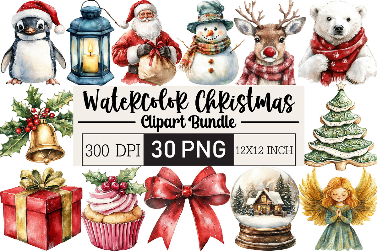 Watercolor Christmas Clipart Bundle, an Illustration by Black Bird Studio (Photo 1 of 6)