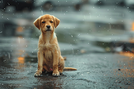 Wet homeless puppy on a street in the rain, an Animal Photo by AlyaAnd