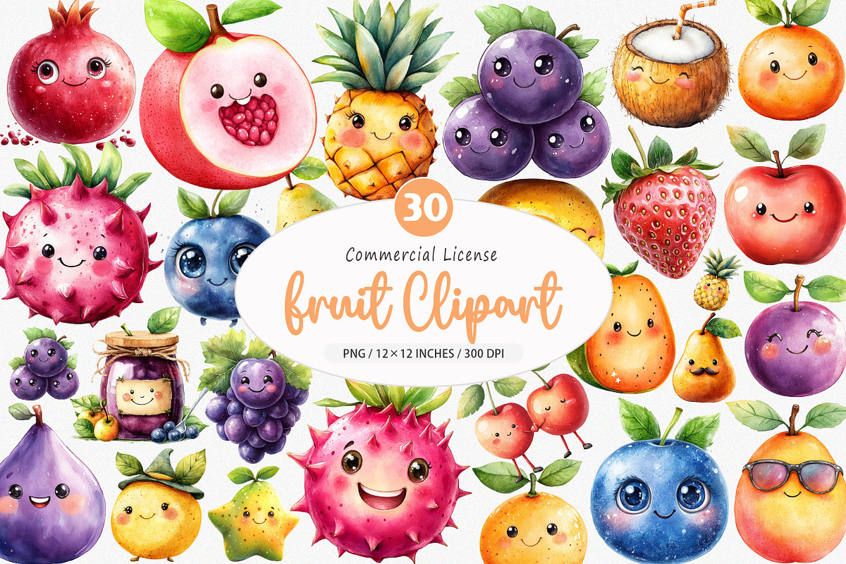 Cute Fruit Clipart PNG, an Illustration by SinaCreation (Photo 1 of 5)