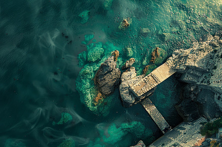 The rocky coastline features a weath, a Photo by Tanuart