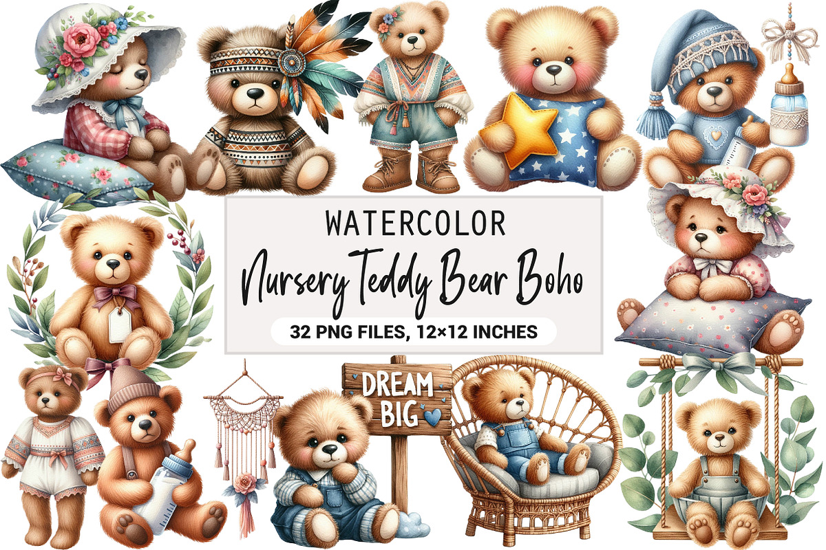 Nursery Teddy Bear Clipart,Boho, an Illustration by DreamArtGraphic (Photo 1 of 7)