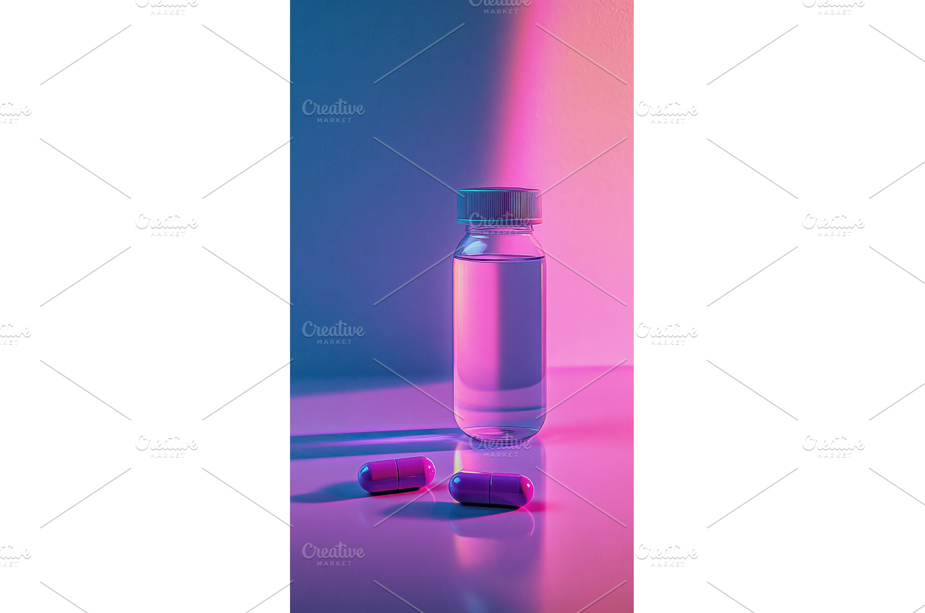 Pills and liquid in vibrant lighting, a Health & Medical Photo by Beautiful things