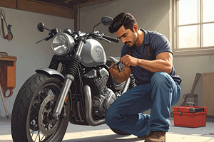 Motorcycle mechanic inside a home garage repairing a motorcycle, a Transportation Illustration by DanFLCreativo